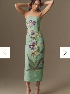 Strapless Mint Green Floral Sequin Midi Dress